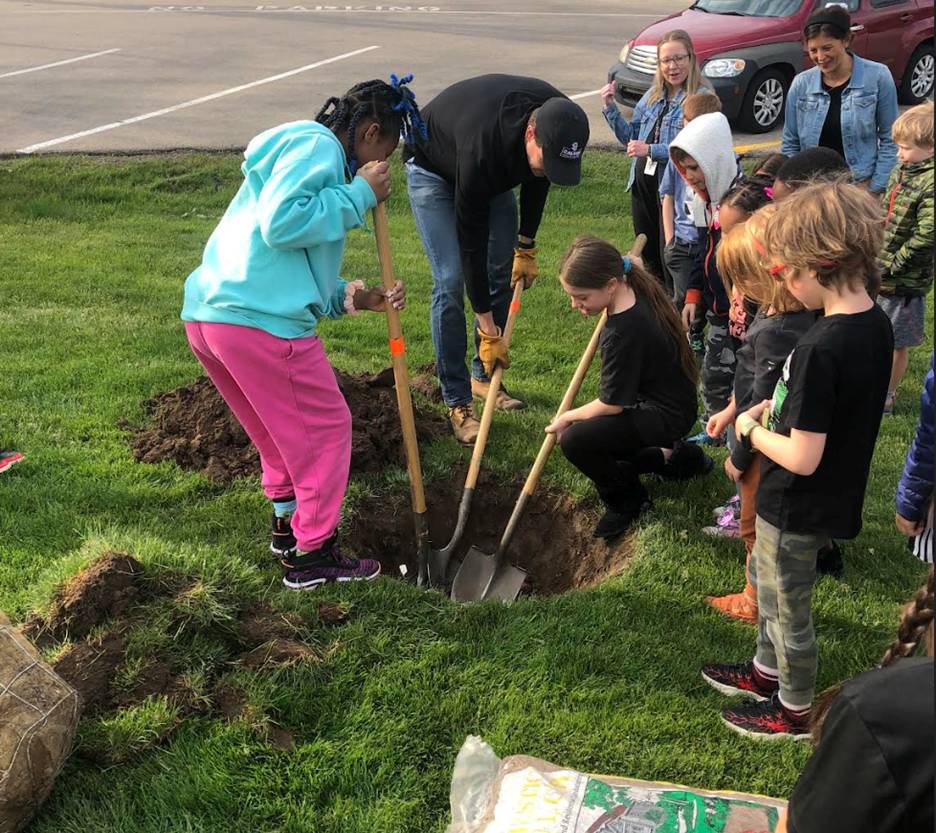 students digging hole for tree sapling on grass